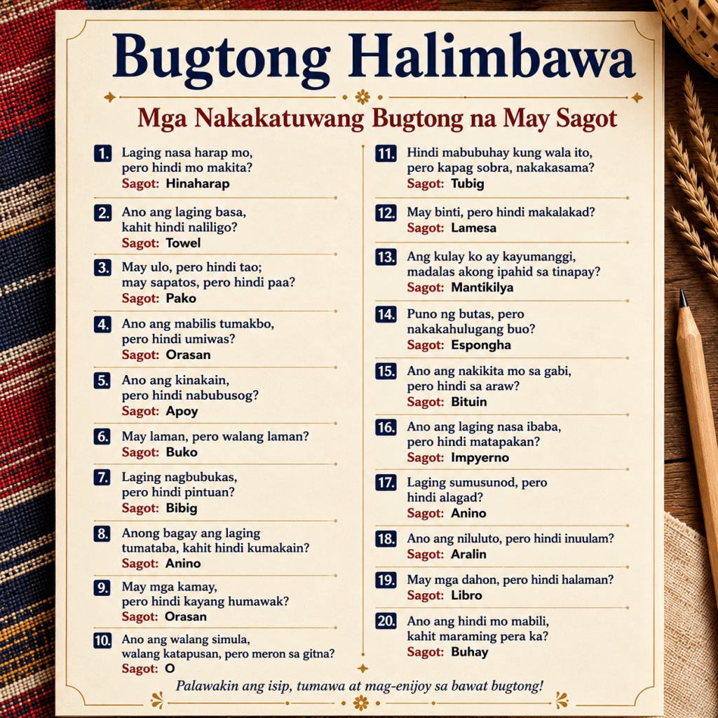 Bugtong Halimbawa Mga Nakakatuwang Bugtong na May Sagot