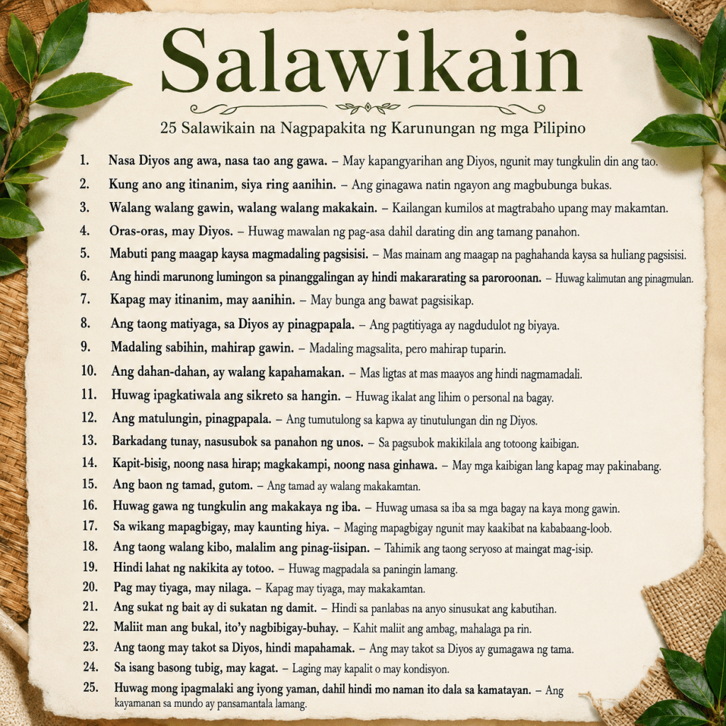 25 Salawikain Halimbawa at Kahulugan na Dapat Mong Alamin